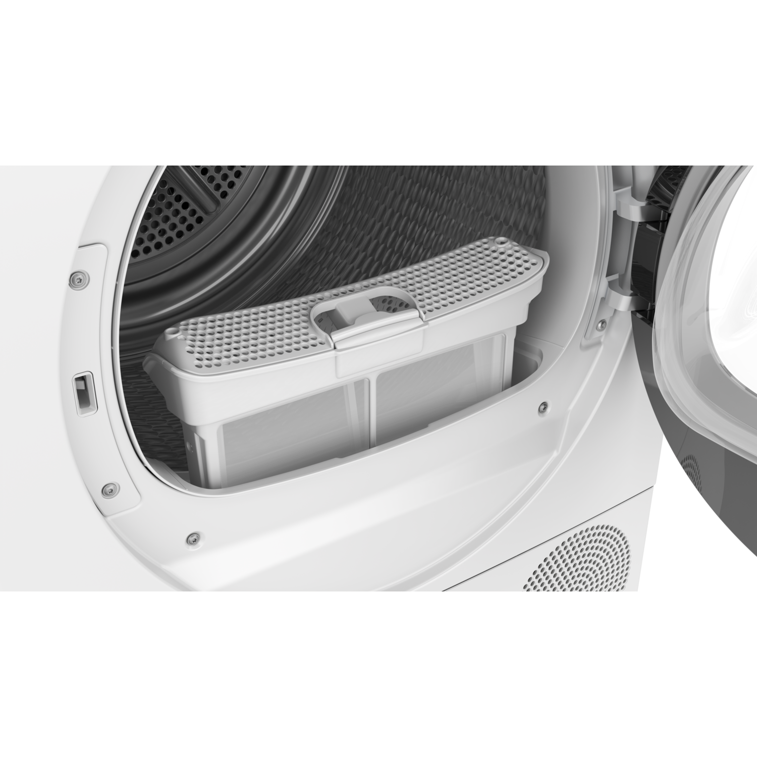 White dryer interior with a filter tray.