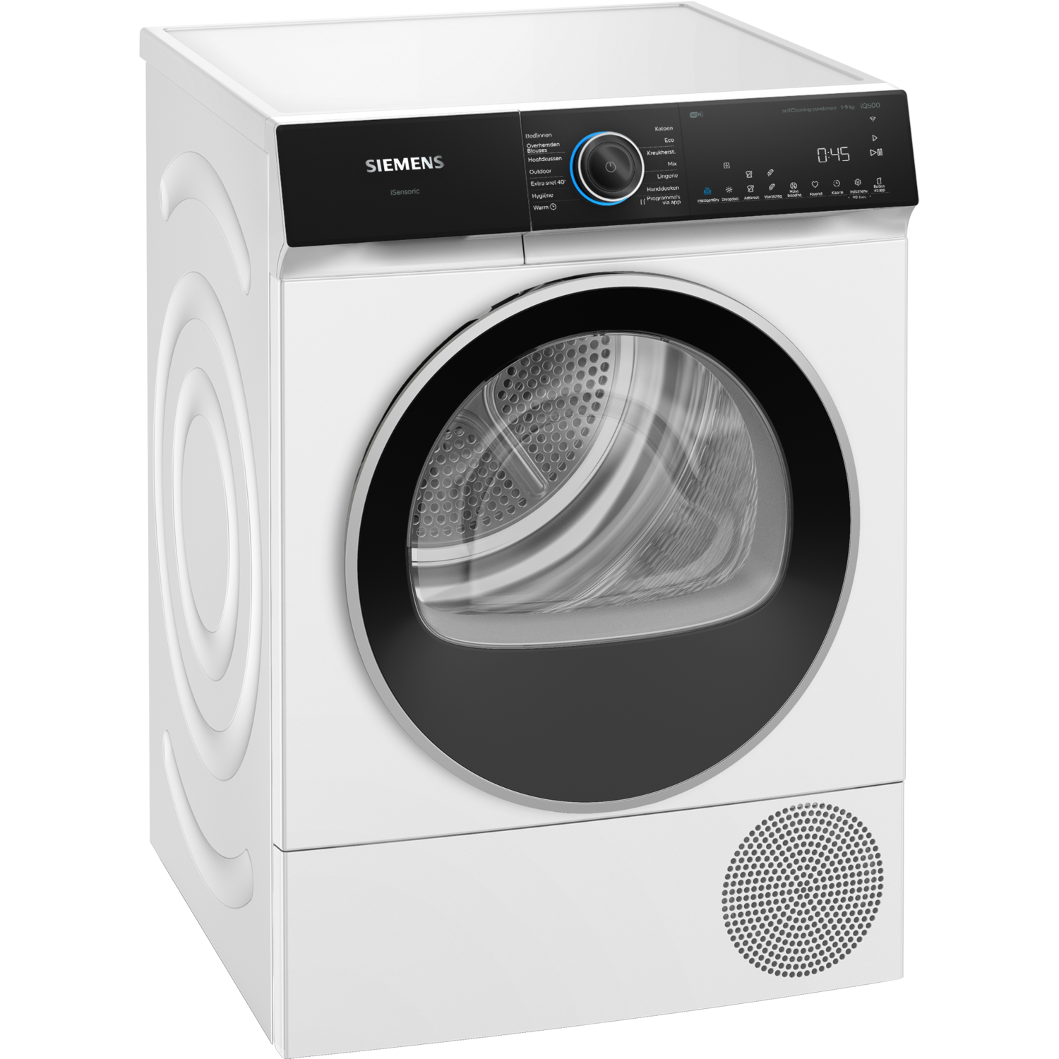 White Siemens dryer with a black door and a round air vent.