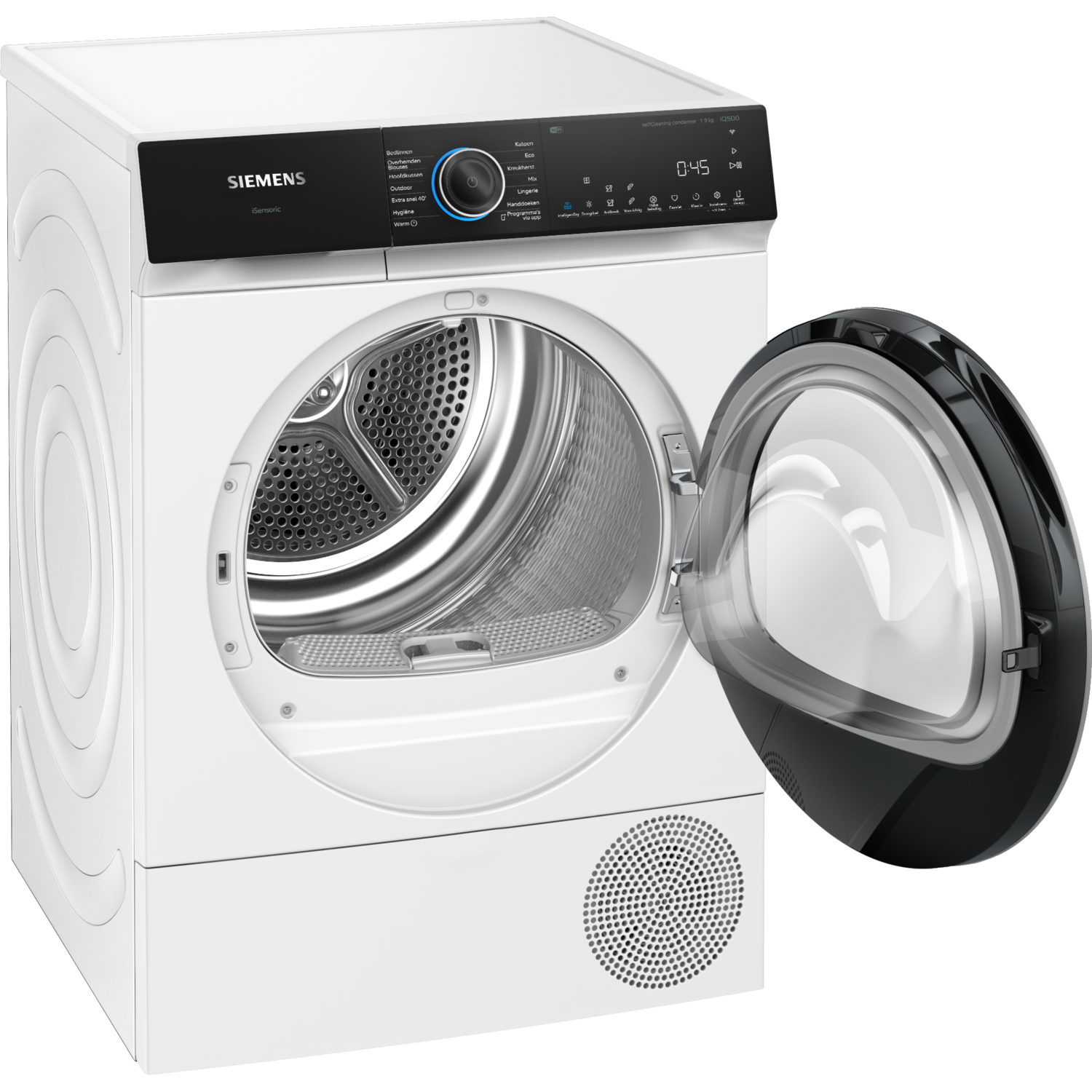 A white Siemens dryer with the door open, isolated on black.