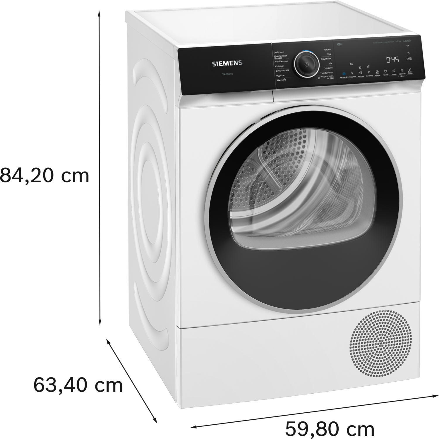 White washing machine with black accents. Features a round door and display.