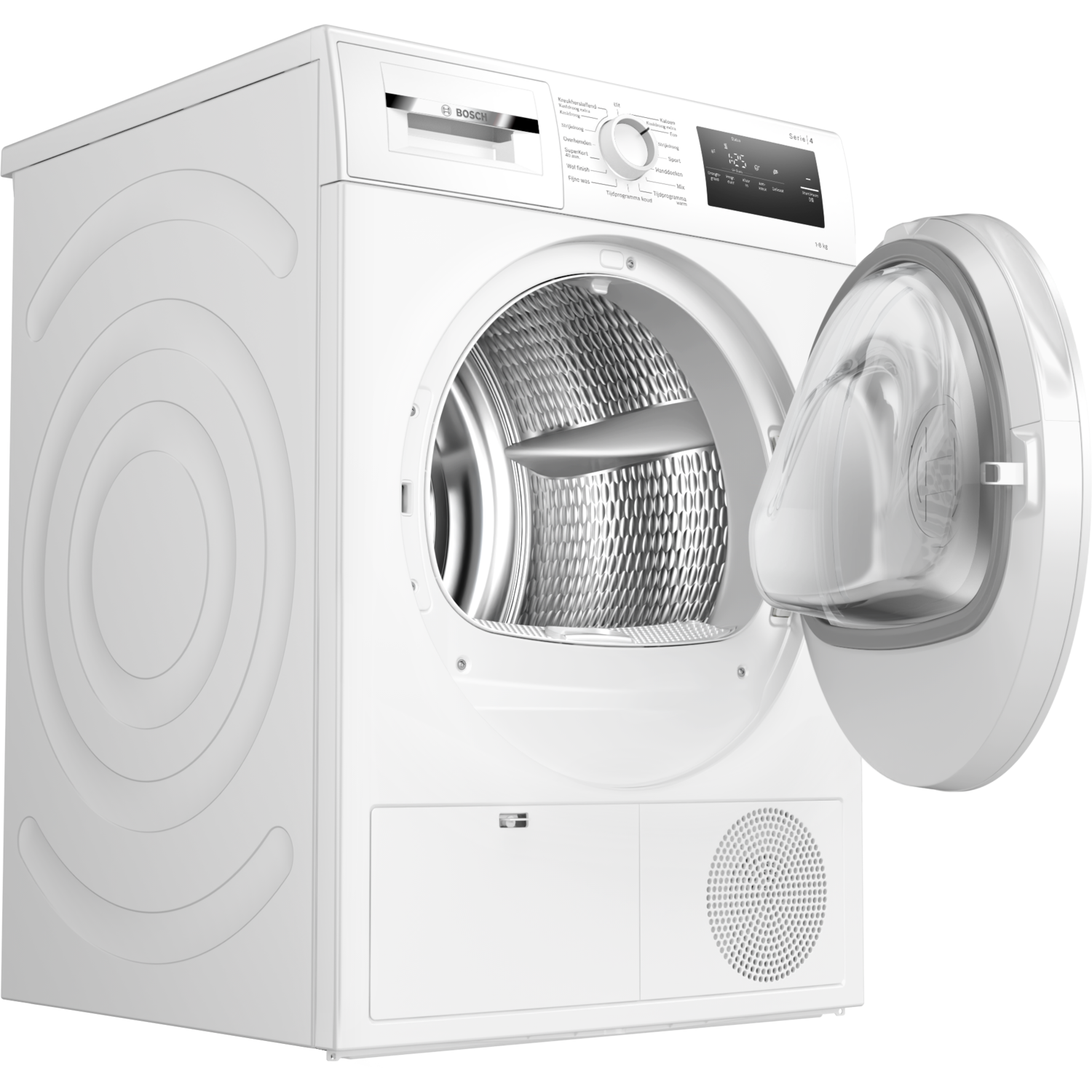 Een witte Bosch droger met open deur, de trommel tonend. Bediening en digitaal display zichtbaar.