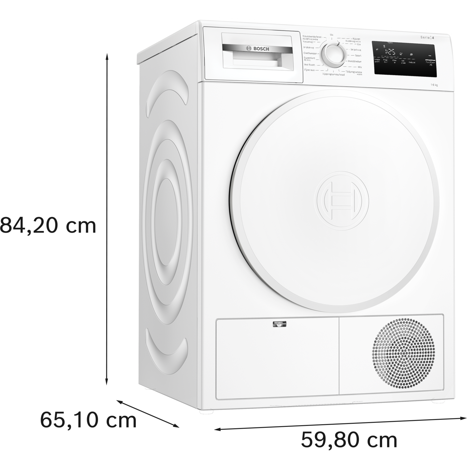 Een witte Bosch Serie 4 droger. Kenmerken zijn een bedieningspaneel met instellingen, een ronde deur en een onderste ventilatieopening.