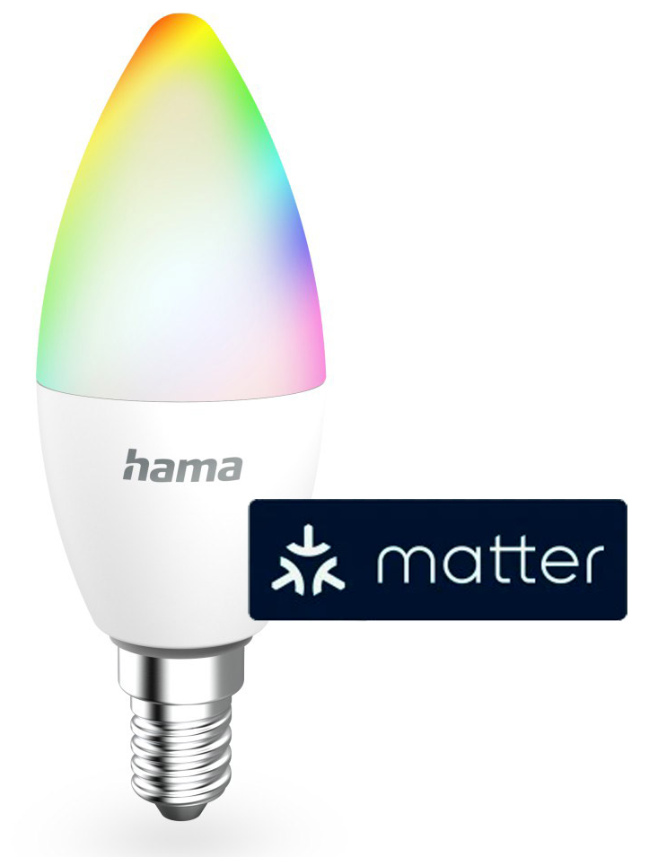 Egy okos izzó színes felsővel és matter logóval.