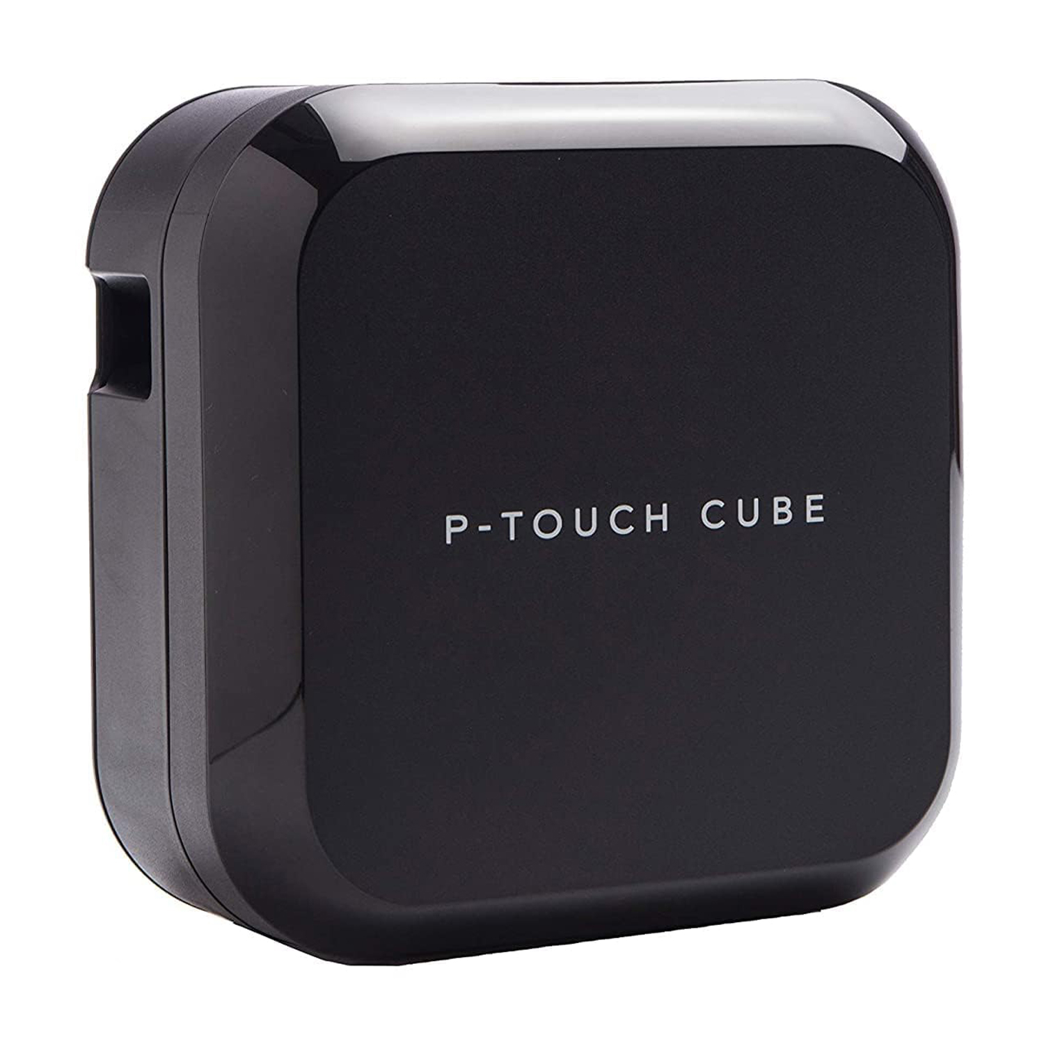 Una etichettatrice P-TOUCH CUBE nera, di forma quadrata, con il marchio in bianco.