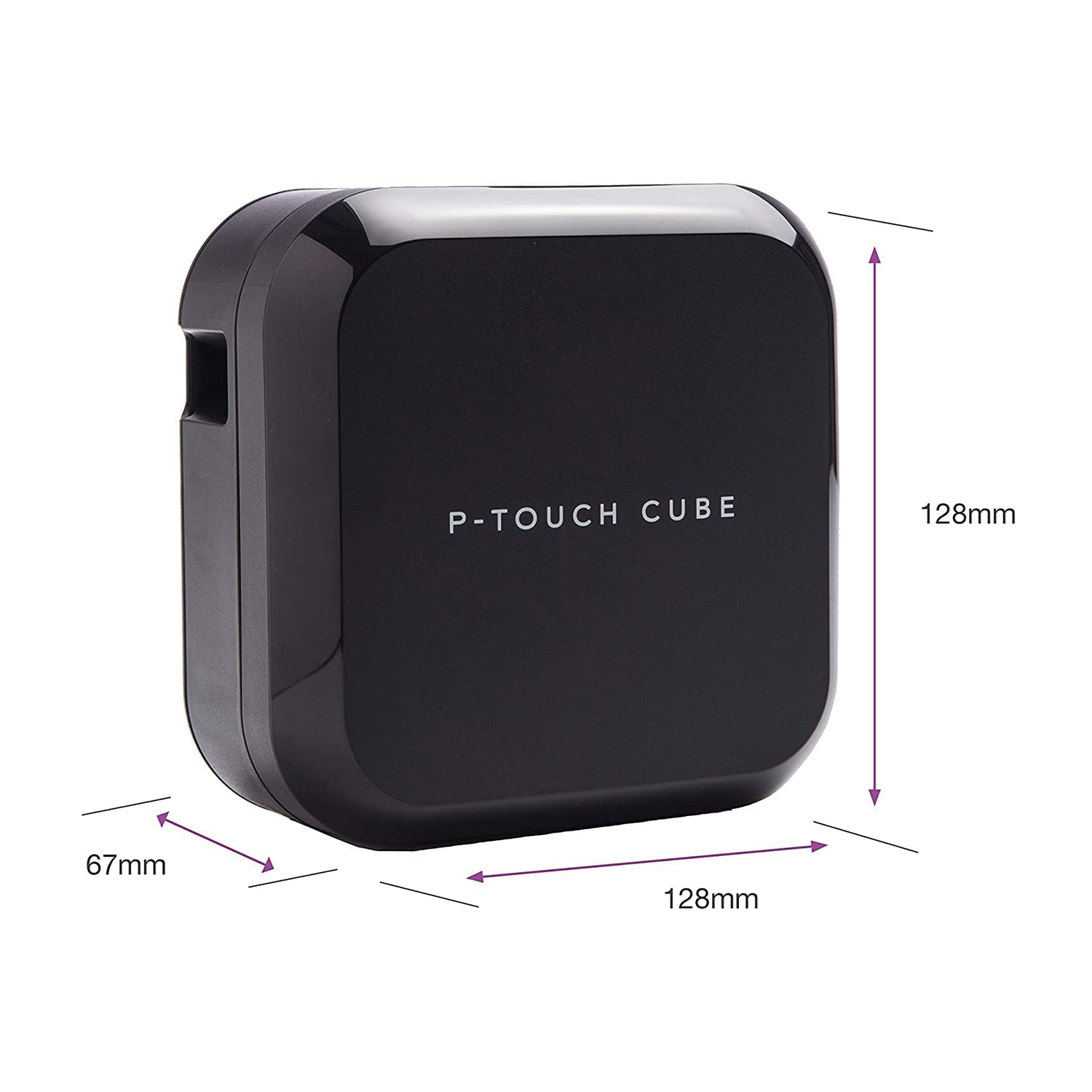 Etichettatrice P-Touch Cube nera, dimensioni su sfondo bianco.