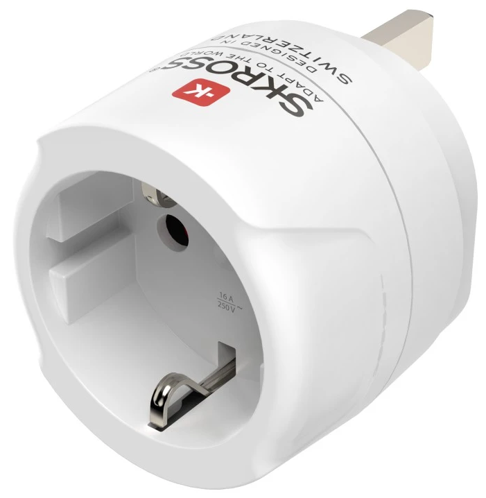 Fehér utazóadapter svájci dugóval. Piros SKROSS logóval és 16A 250V besorolással rendelkezik.