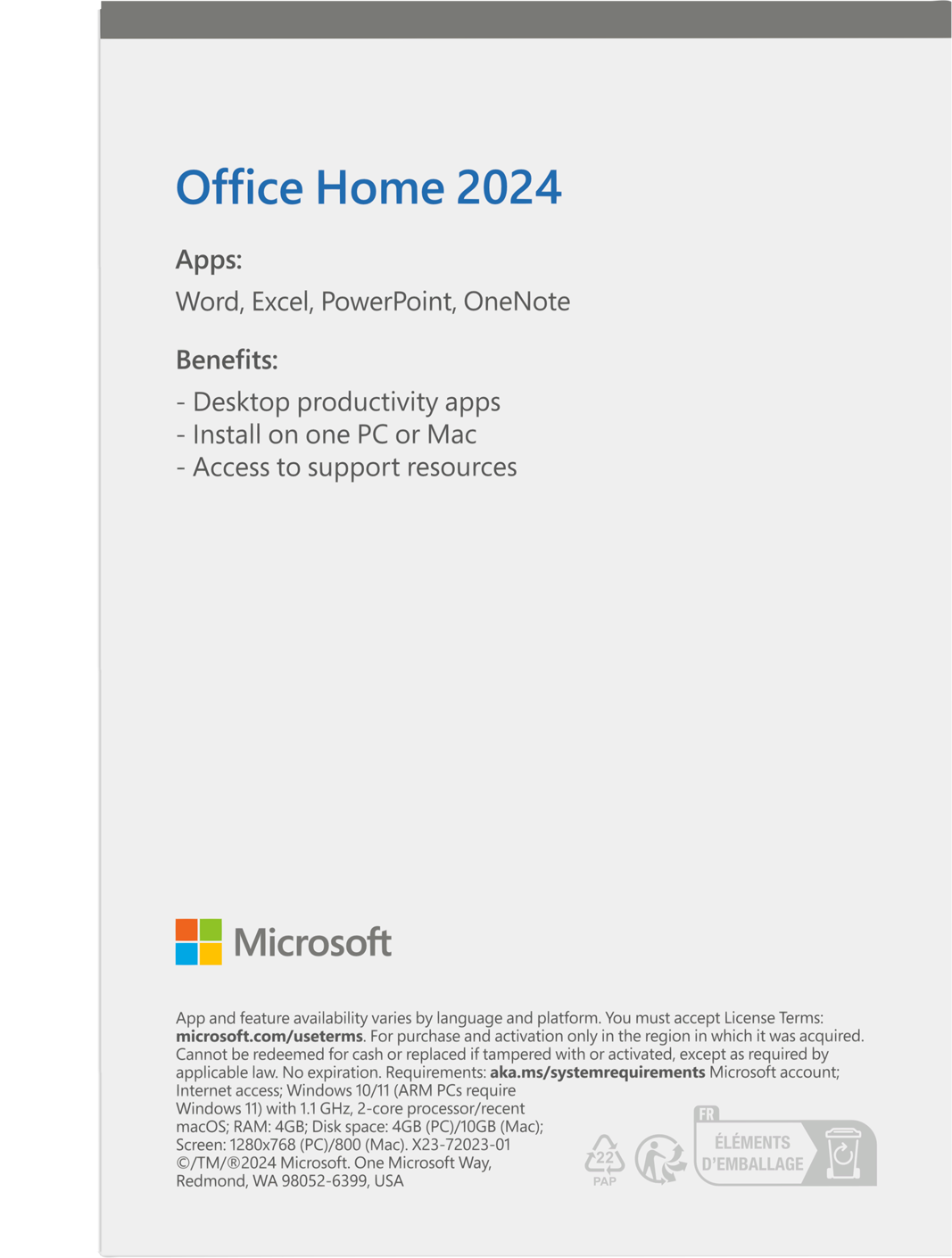 Una pagina bianca con titolo 'Office Home 2024' e marchio Microsoft, app e vantaggi.