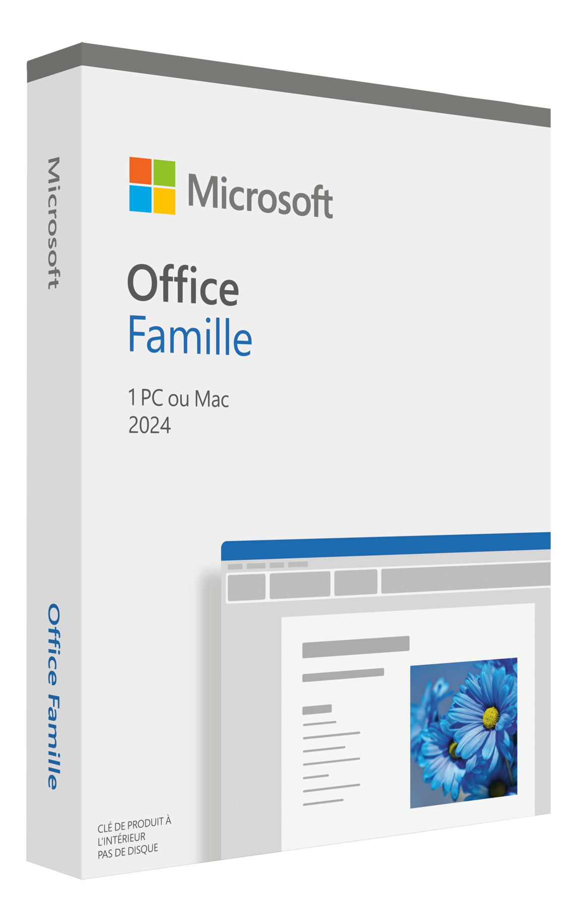 Scatola Microsoft Office Famille, bianca con informazioni sul prodotto e logo Microsoft.