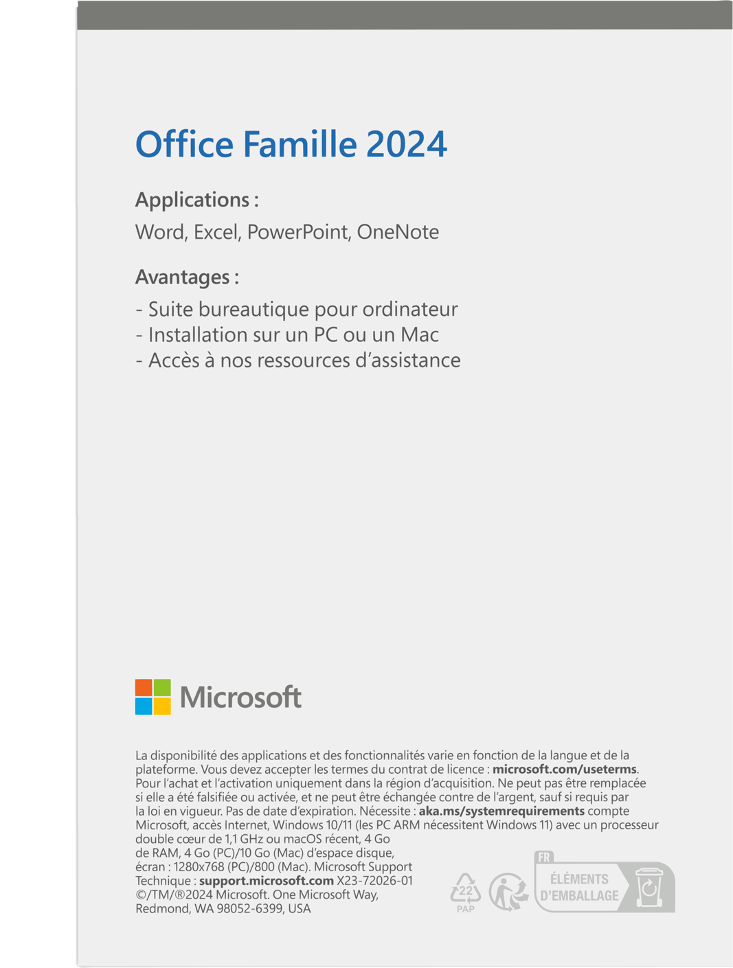 Sfondo bianco con testo 'Office Famille 2024'. Elenca applicazioni: Word, Excel, PowerPoint, OneNote. Logo Microsoft in basso.