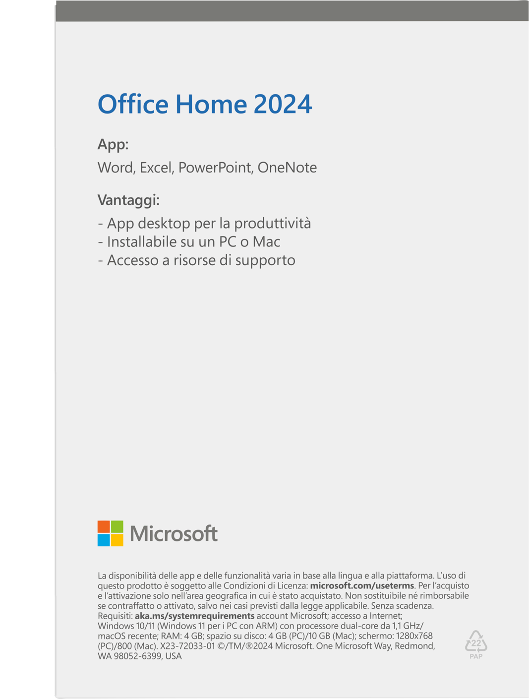 Pagina dell'app Office Home 2024. Contiene il logo e i nomi delle app: Word, Excel, PowerPoint, OneNote. Sfondo bianco.