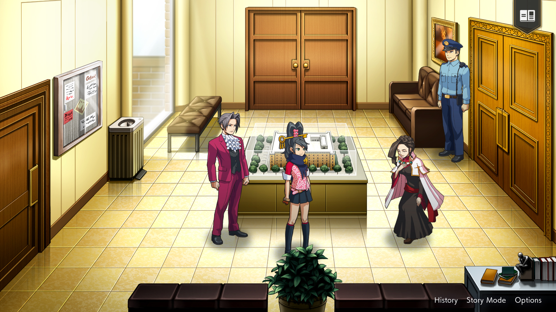 Una scena del tribunale da un videogioco. Personaggi in un ambiente stilizzato, con un modello al centro.