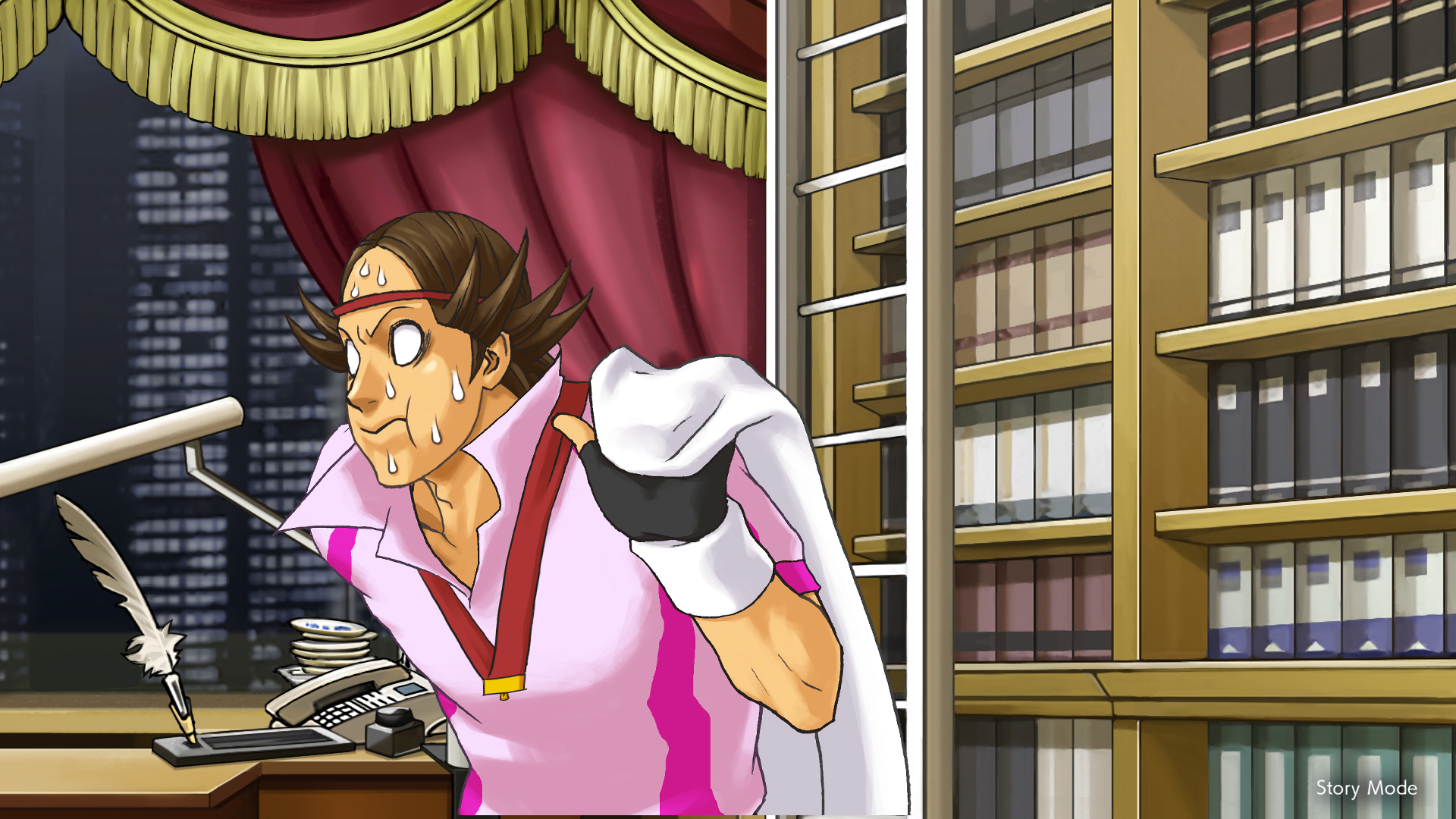 Immagine di un cartone animato di un uomo che scappa da una scrivania e da una biblioteca.