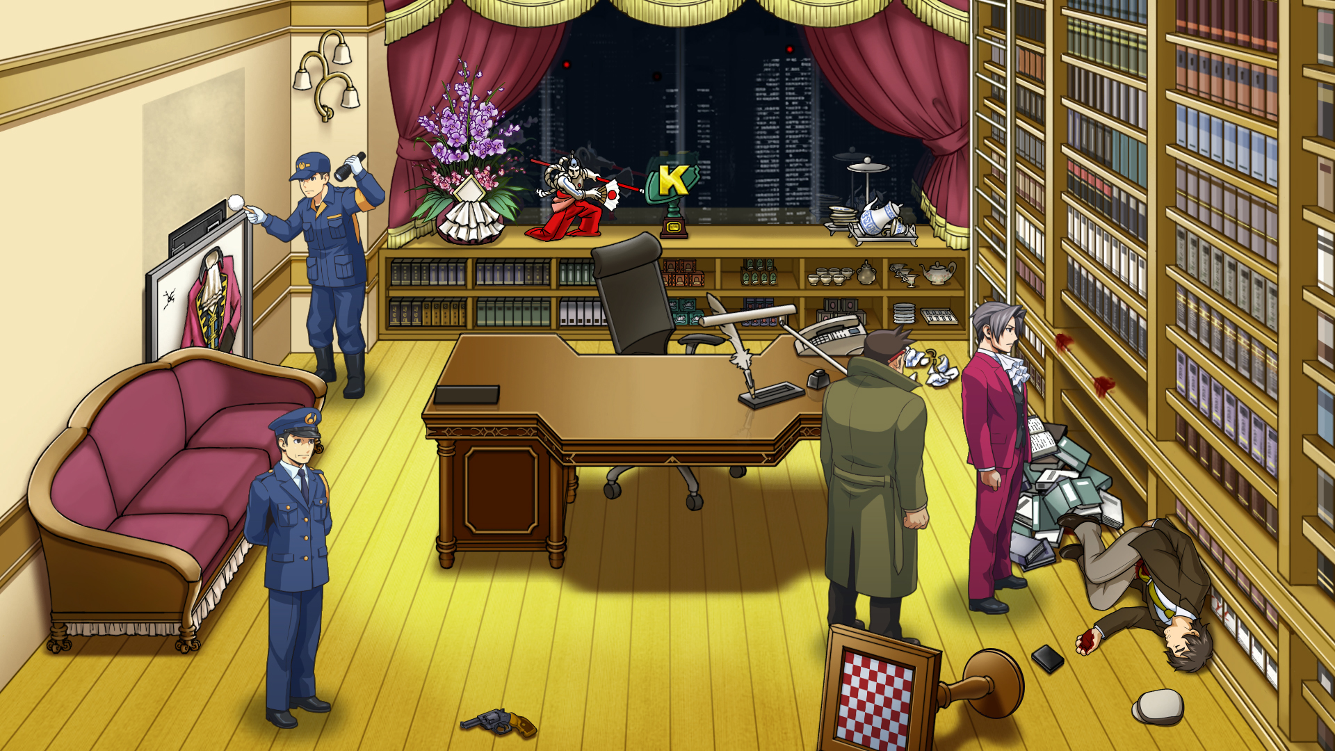 Scena di cartoni animati. Un detective indaga sulla scena del crimine con agenti di polizia.