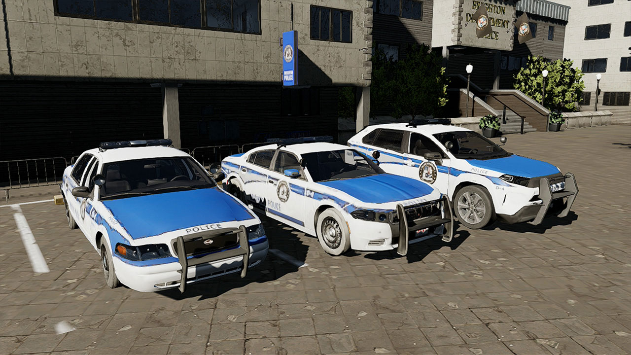Tre auto della polizia parcheggiate davanti a un edificio.