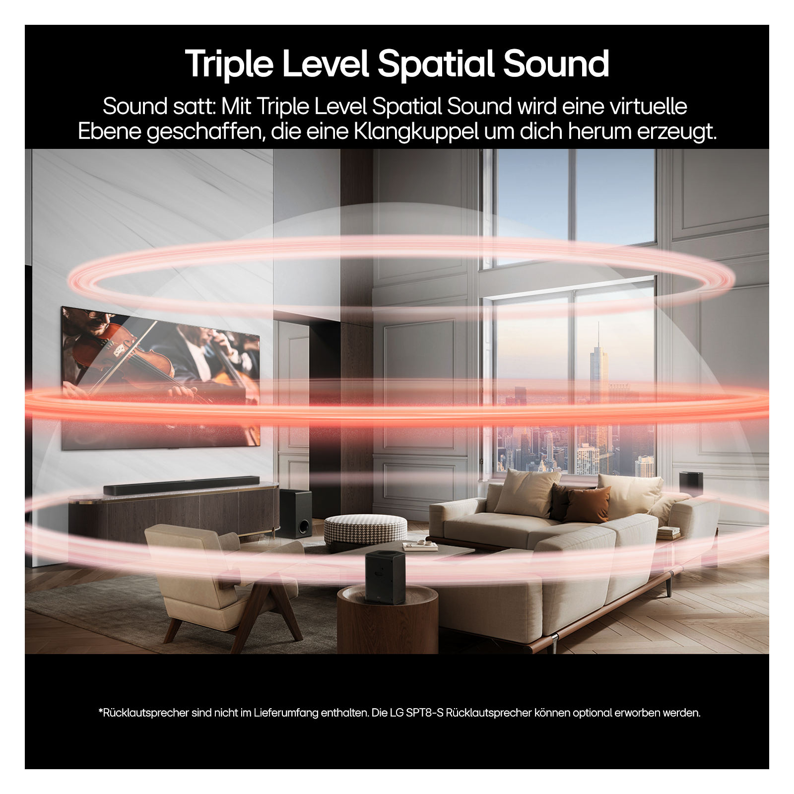 Wohnzimmer mit Fernseher, Soundbar, Lautsprechern, Sofa und schwarzem Subwoofer.