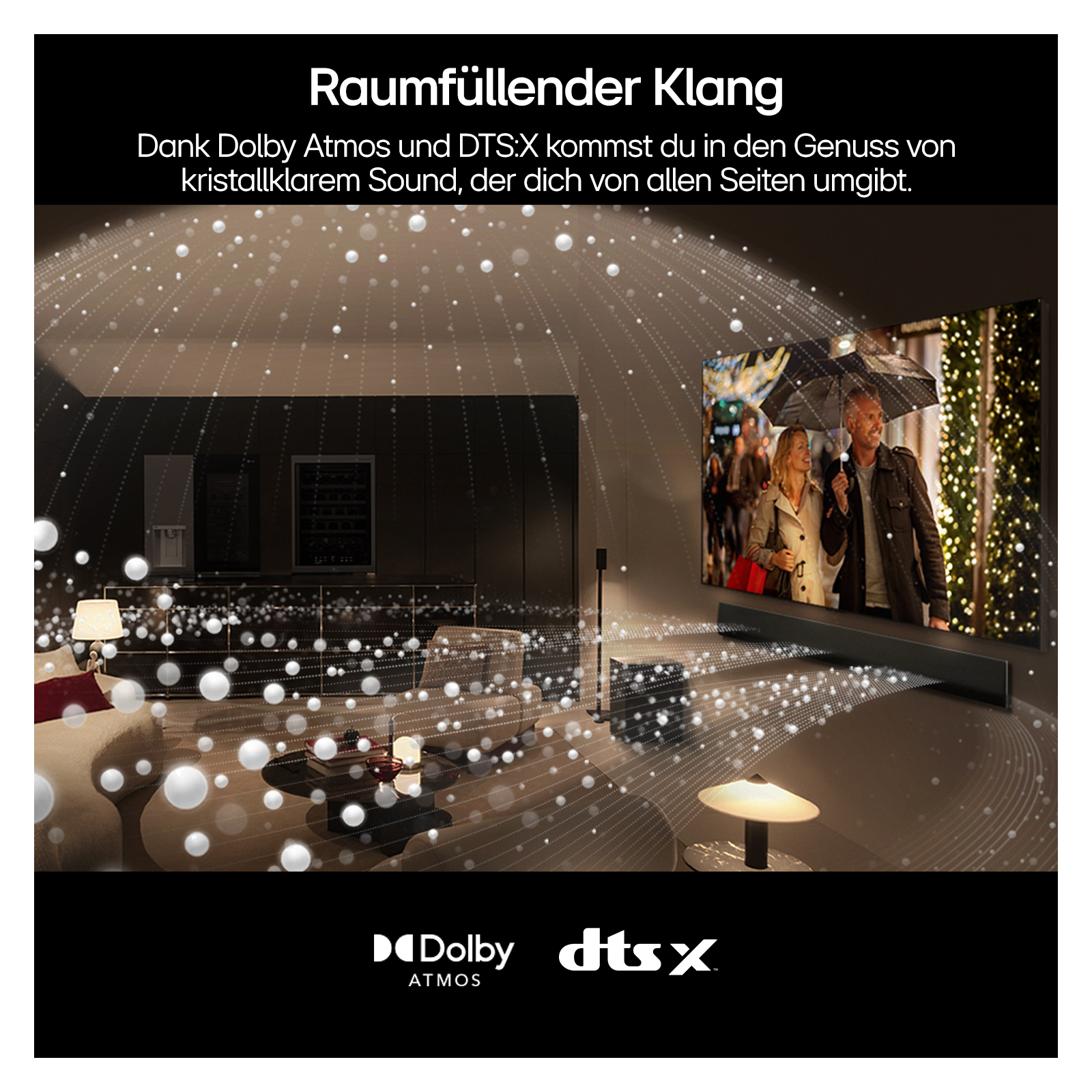 Wohnzimmer mit Fernseher, der Menschen zeigt, Schallwellen strahlen vom Fernseher aus.