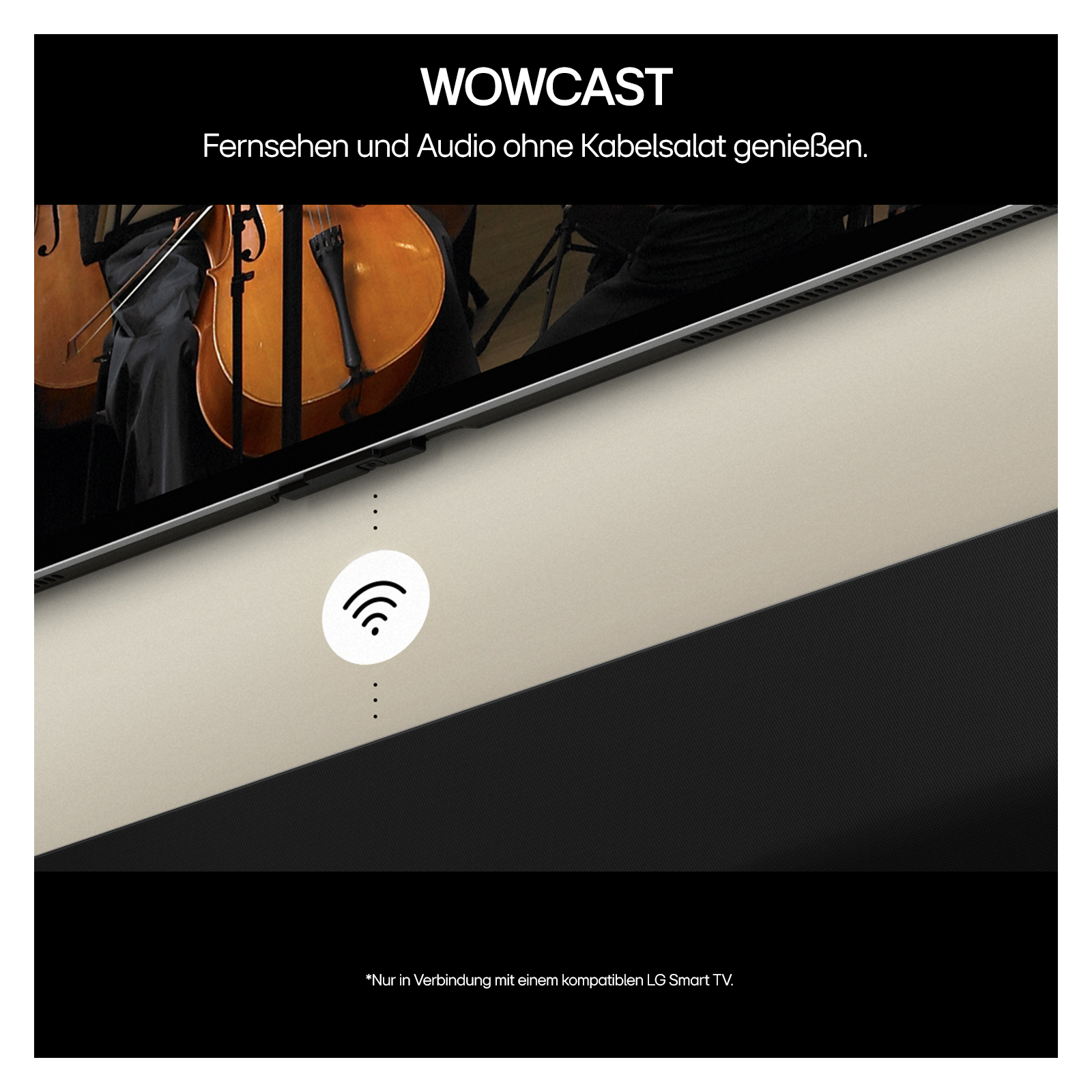 Ein Fernseher zeigt ein WLAN-Symbol und den Text 'WOWCAST', mit Musikern im Hintergrund.