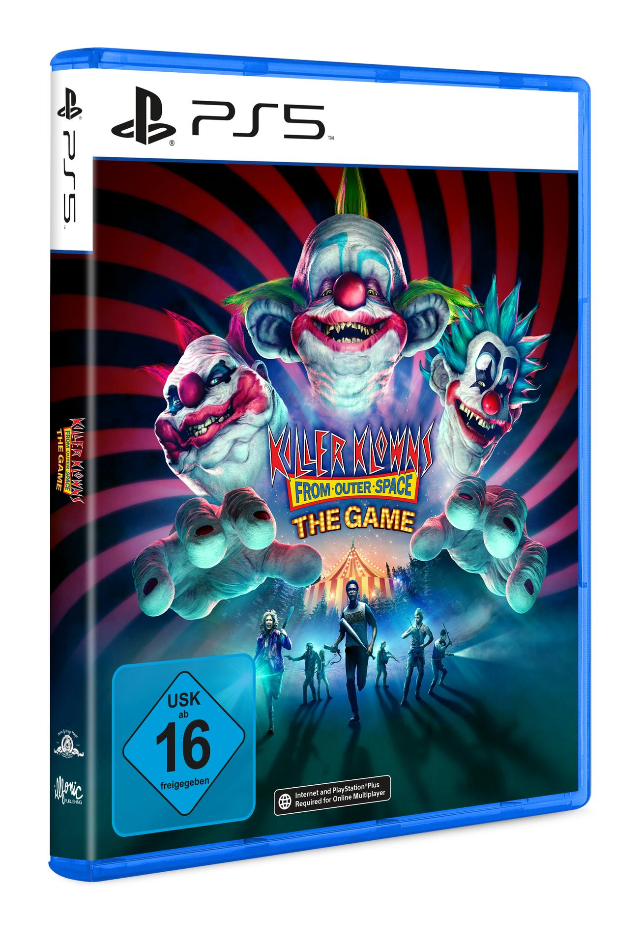 PS5-Spielbox: Killer Klowns from Outer Space. Clown-Gesichter und Figuren von Menschen.