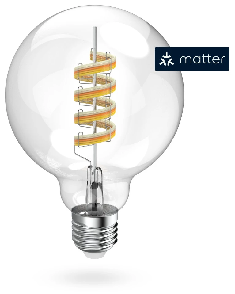 Egy átlátszó izzó spirál alakú izzószállal és Matter logóval.