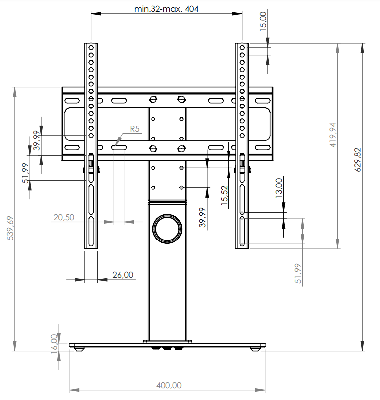 TV-állvány diagramja, fekete vonalakban megadott méretekkel fehér háttéren.