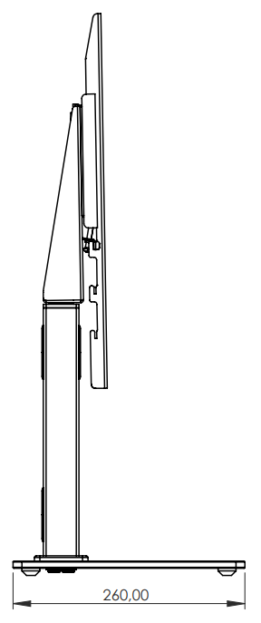 Egy monitorállvány oldalsó nézete, méretekkel milliméterben, fehér háttérrel.