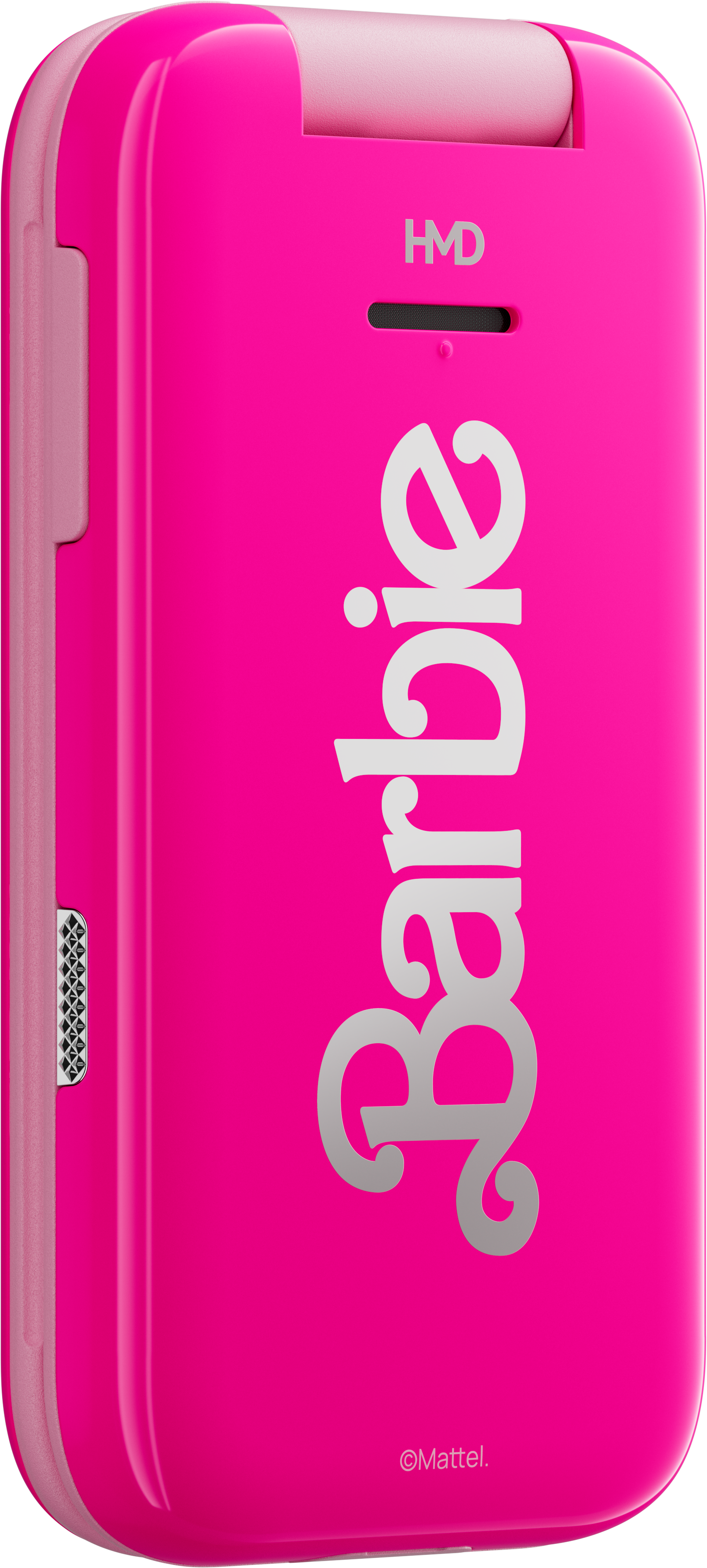 Egy rózsaszín kagylótelefon, a 'Barbie' szóval ezüst betűkkel.