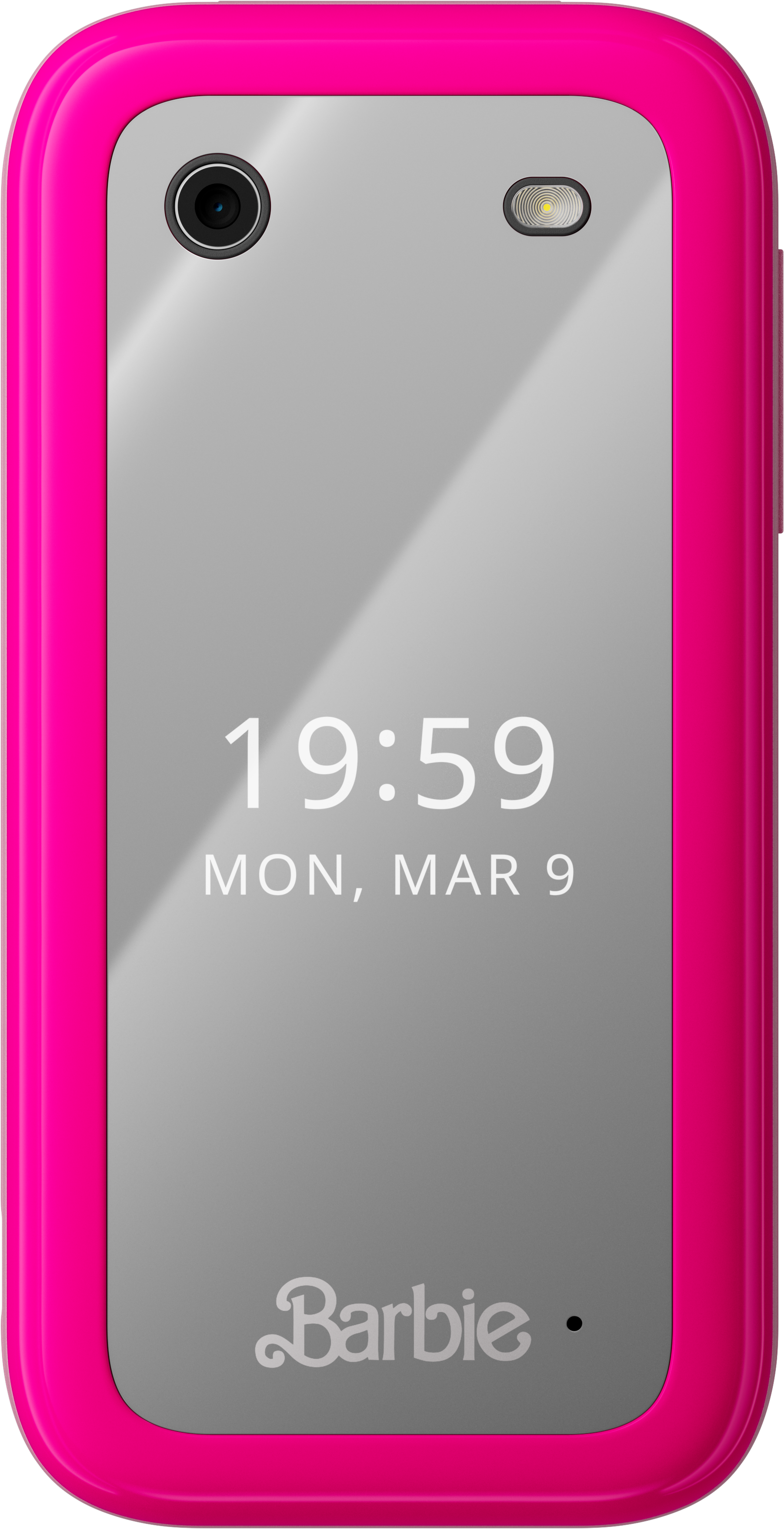 Rózsaszín Barbie telefon. A képernyőn az idő és a dátum látható.