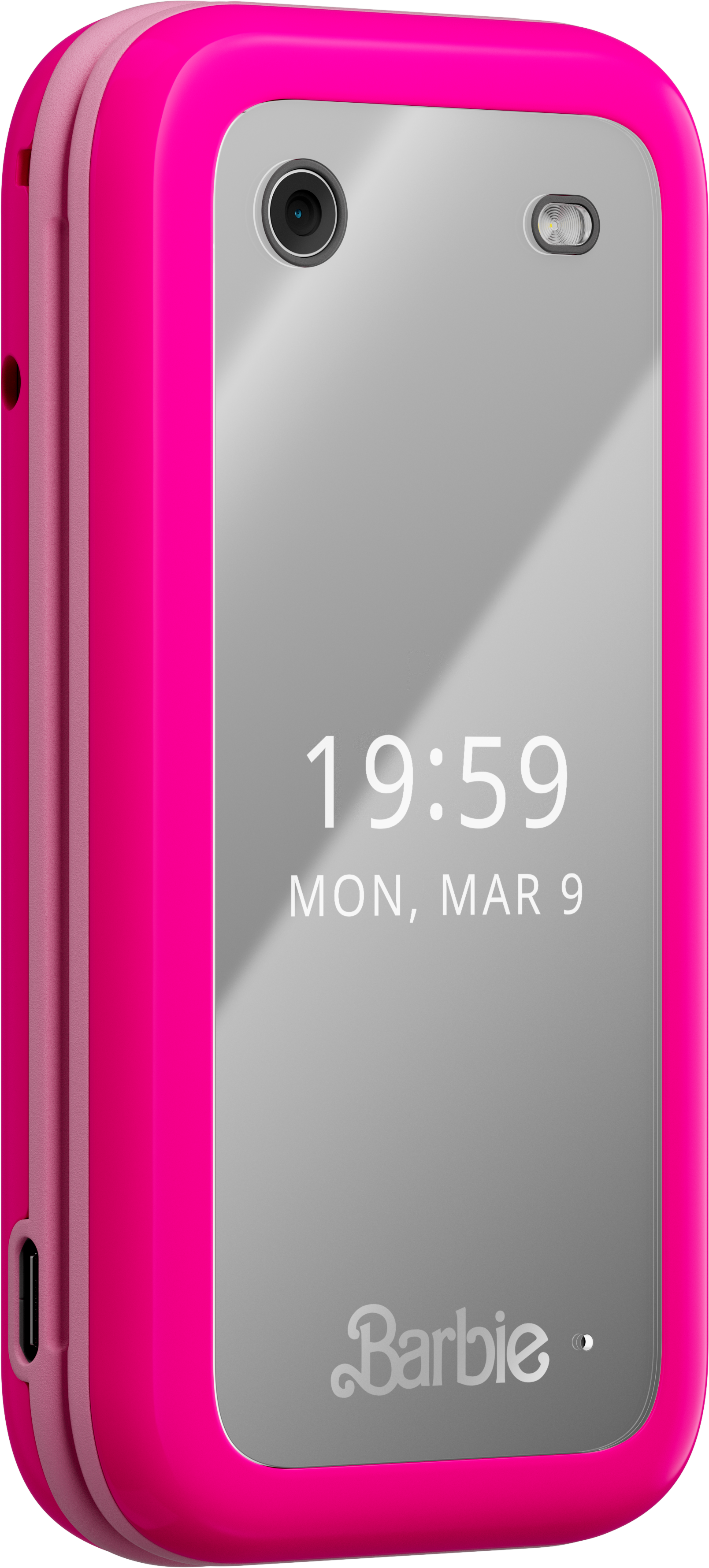 Rózsaszín összecsukható telefon tükörszerű képernyővel és Barbie logóval.
