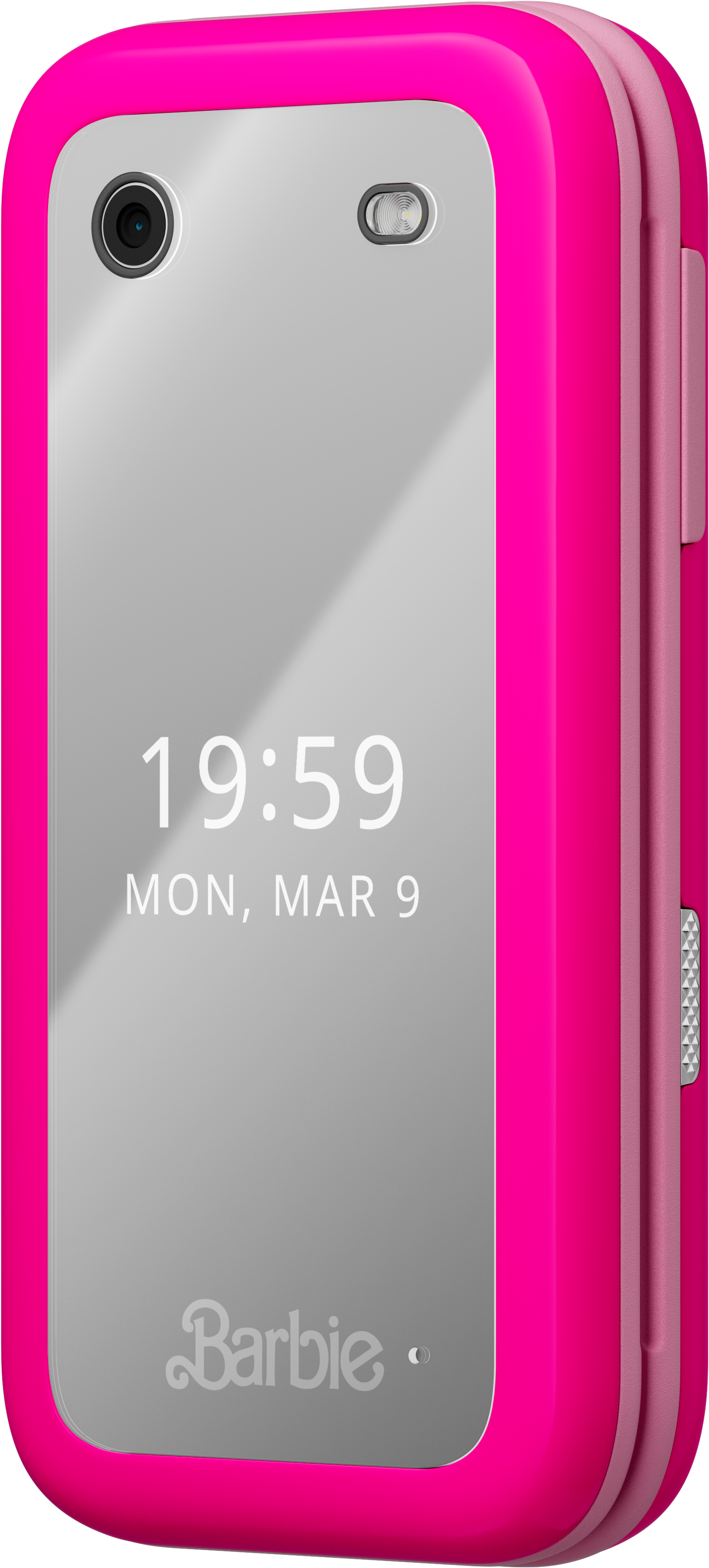 Egy rózsaszín Barbie kagylótelefon, amely az időt és a dátumot mutatja. A telefon be van csukva.