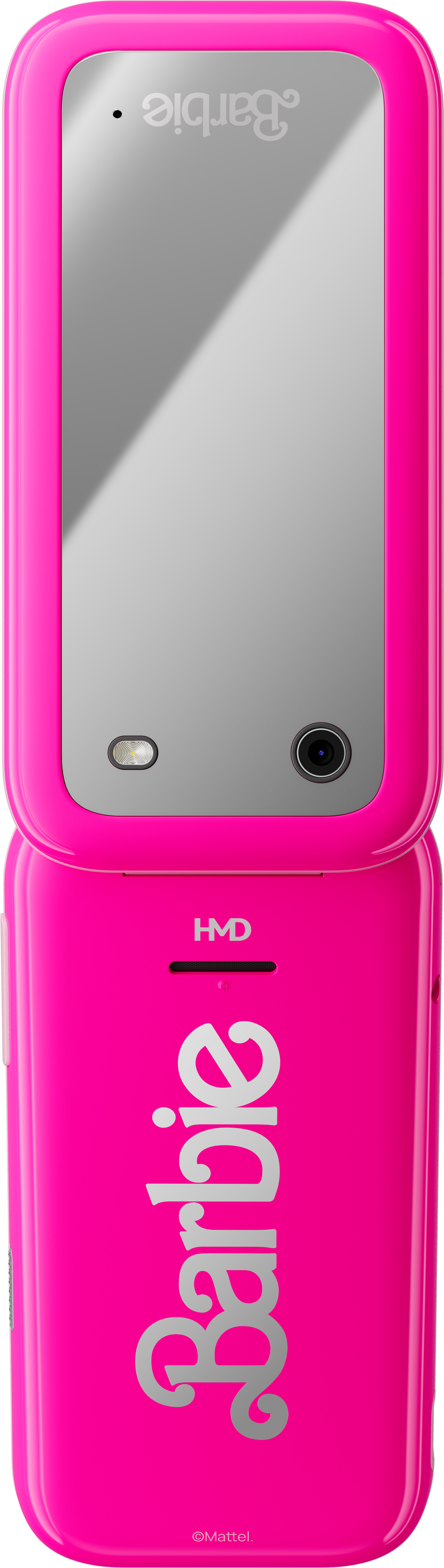 Rózsaszín Barbie kagylótelefon tükörrel.