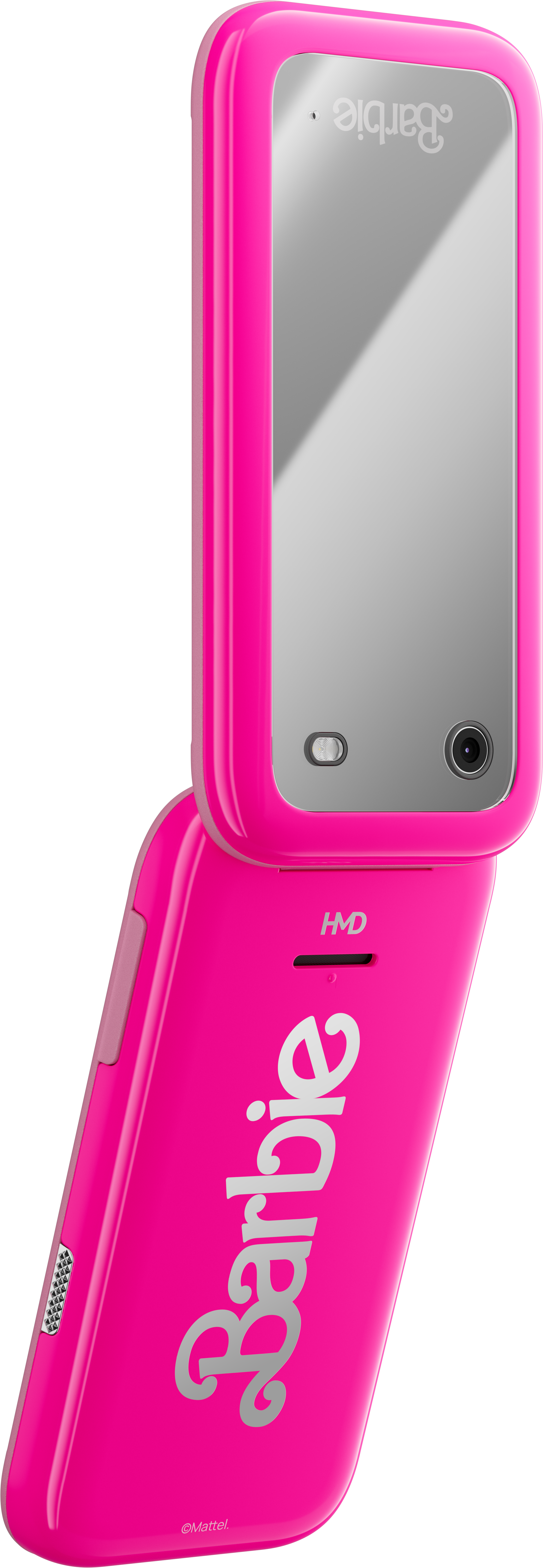Rózsaszín Barbie kagylótelefon, nyitva és ferdén, tükröződő képernyővel, fekete háttér előtt.