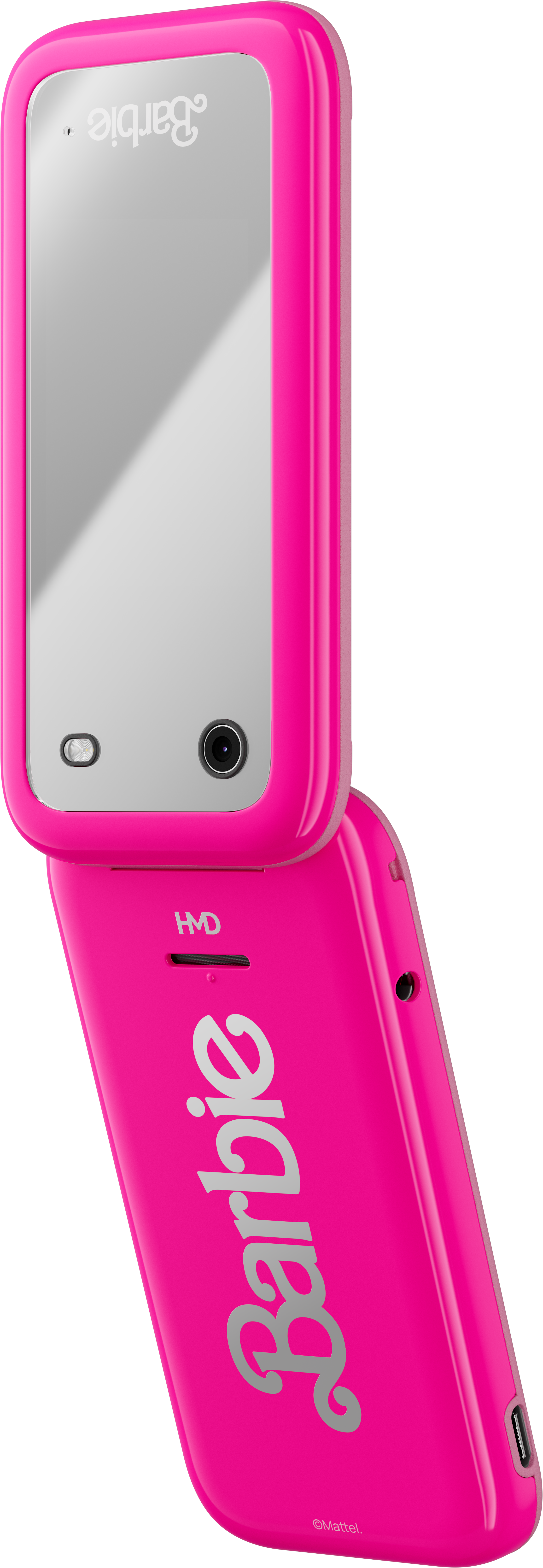 Egy rózsaszín Barbie kagylótelefon, nyitva, tükörrel és a Barbie logóval a hátoldalon.
