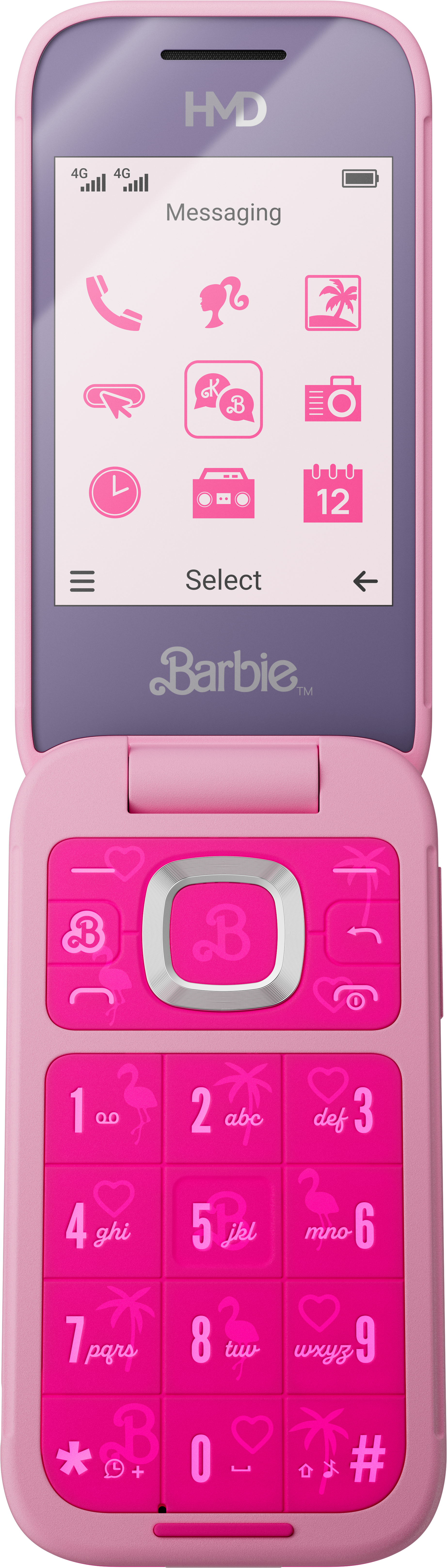 Rózsaszín és lila Barbie kagylótelefon ikonokkal a képernyőn.