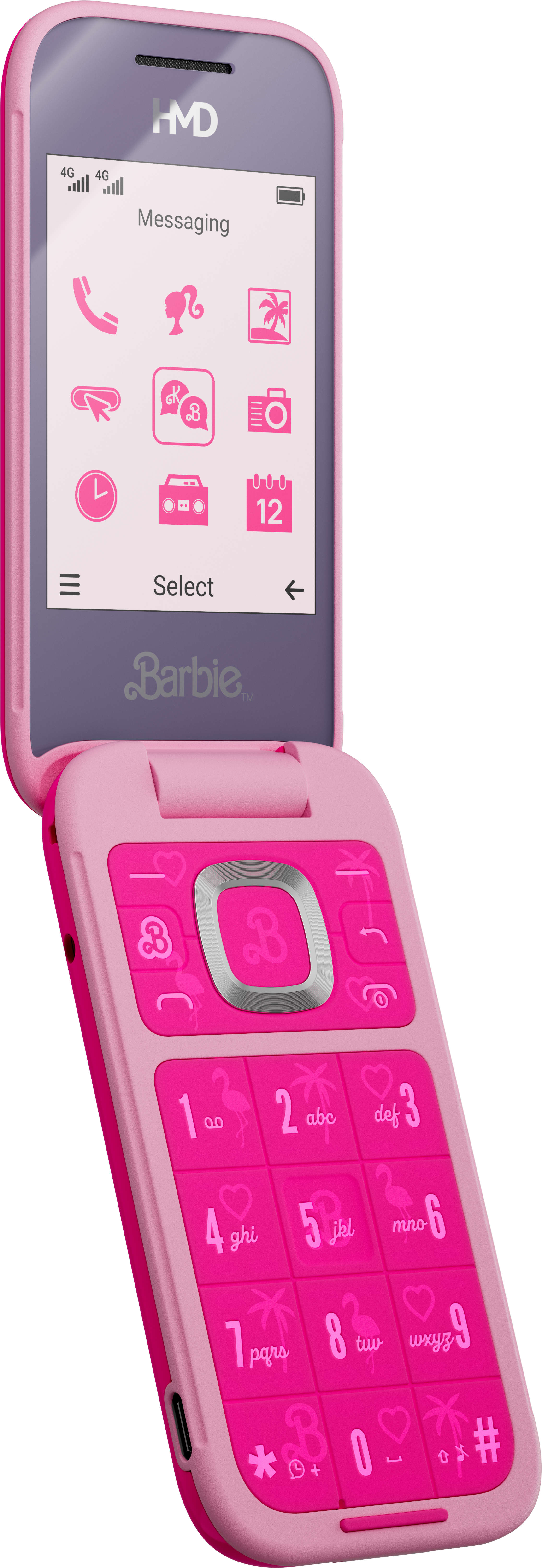Rózsaszín Barbie kagylótelefon, nyitva. A telefonon billentyűzet és egy kis képernyő látható ikonokkal.