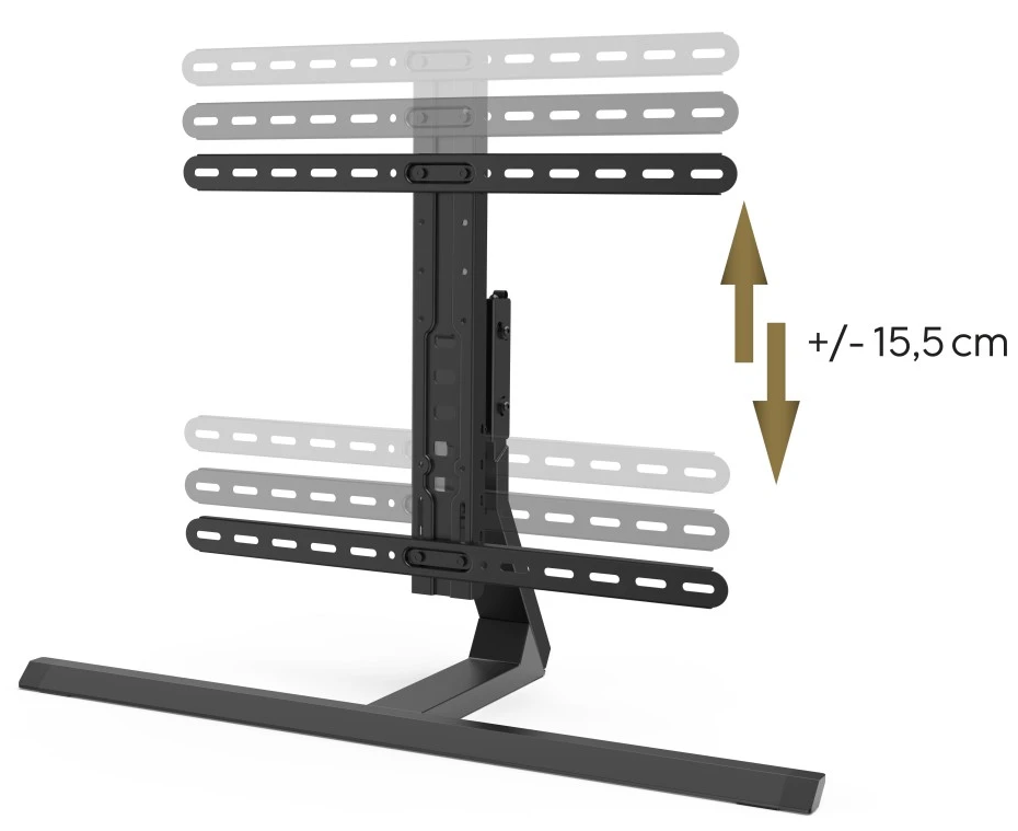 Fekete TV-állvány, állítható magassággal. Nyilak +/- 15,5 cm tartományt jelzik.