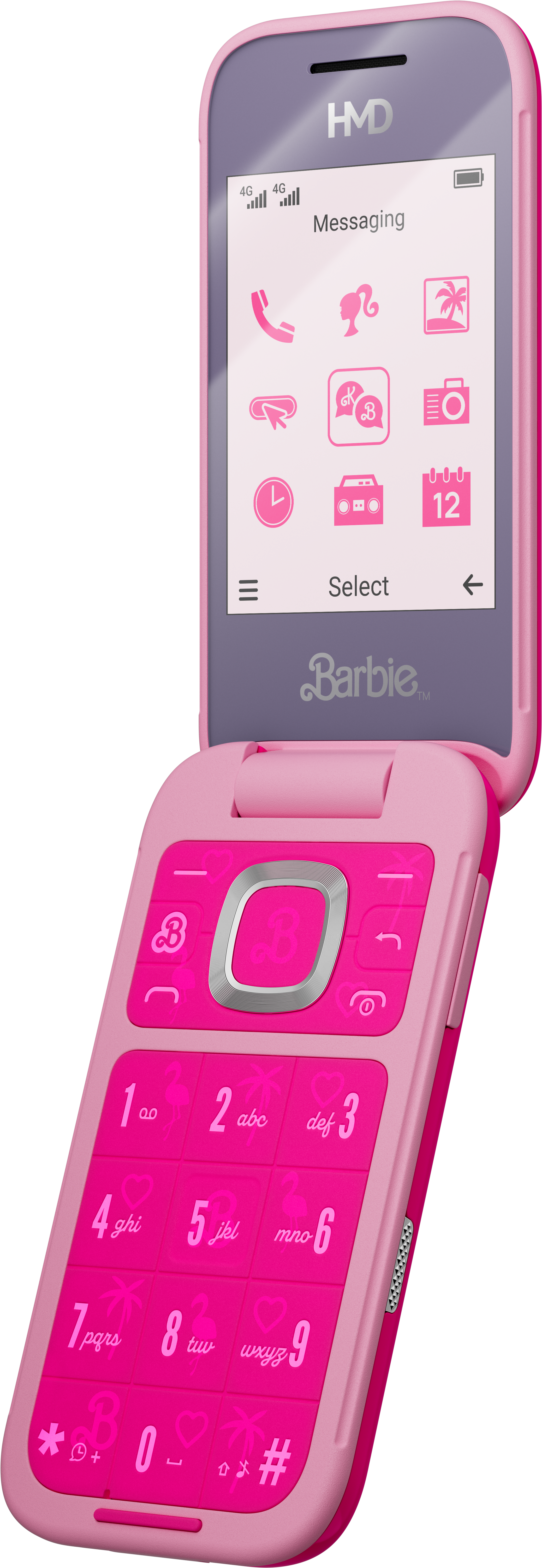 Egy rózsaszín Barbie kagylótelefon ikonokkal a képernyőn.