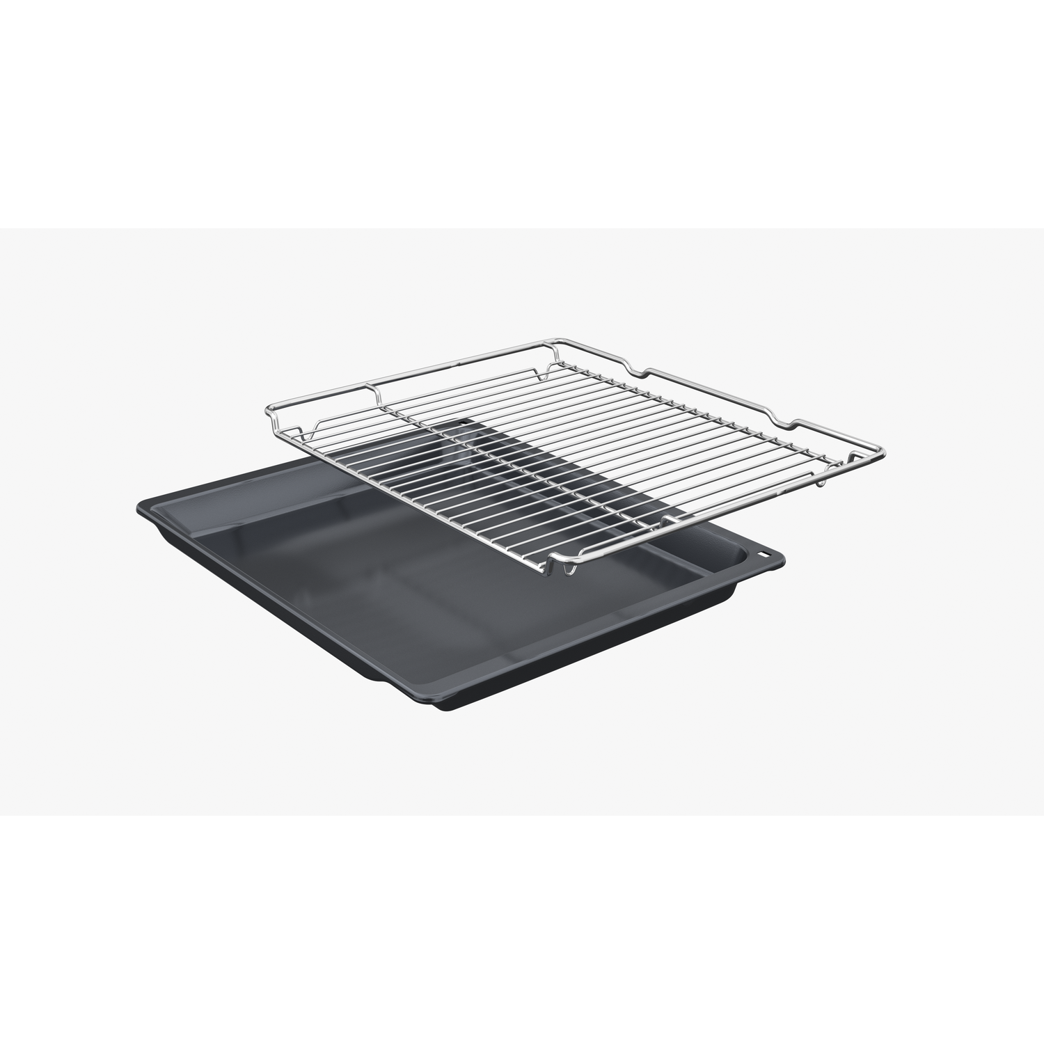 Un lèchefrite et une grille, argent et gris foncé, sur fond blanc. La grille est au-dessus du lèchefrite.
