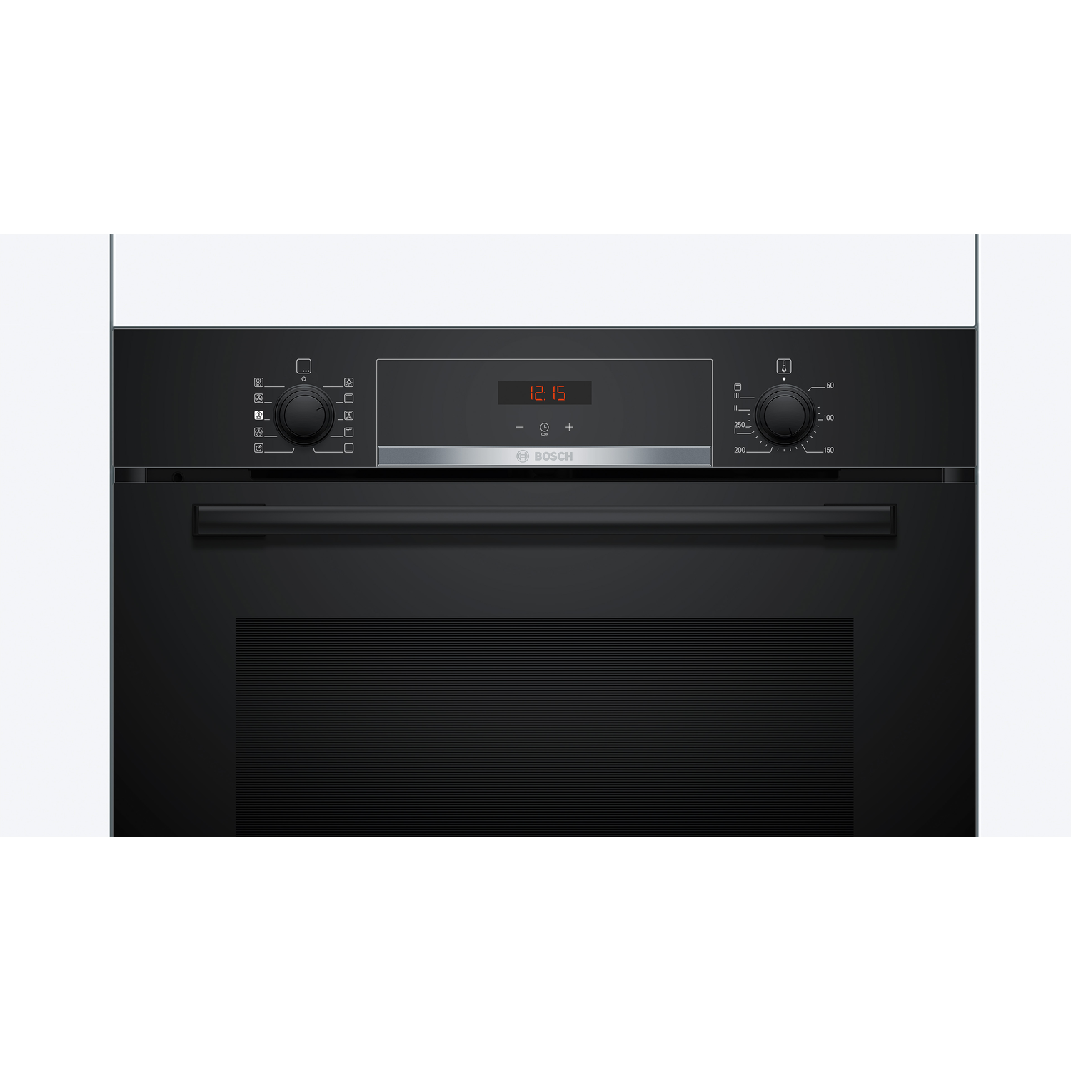 Zwarte Bosch oven, bedieningspaneel zichtbaar met display.