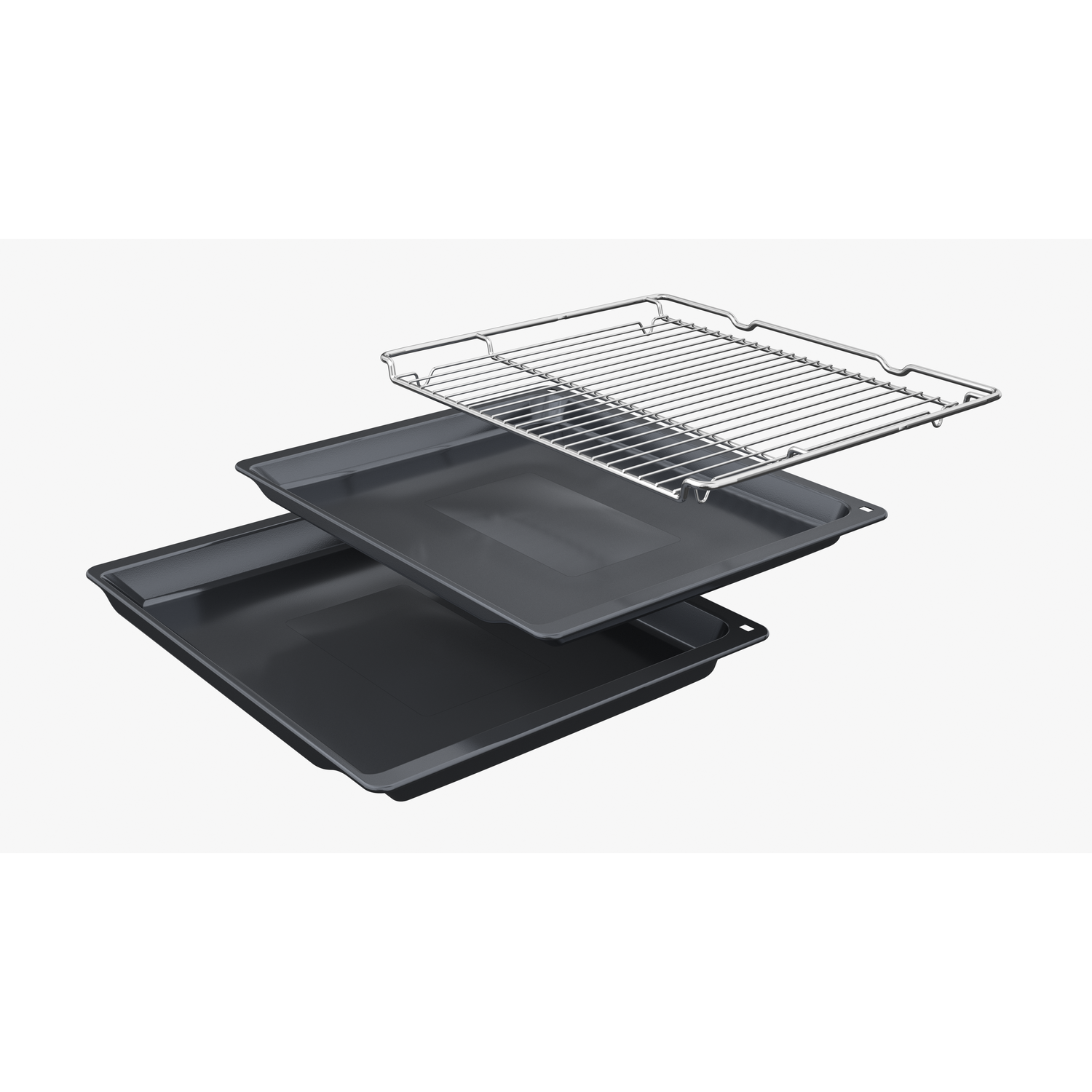 Dark gray oven trays and rack, white background.