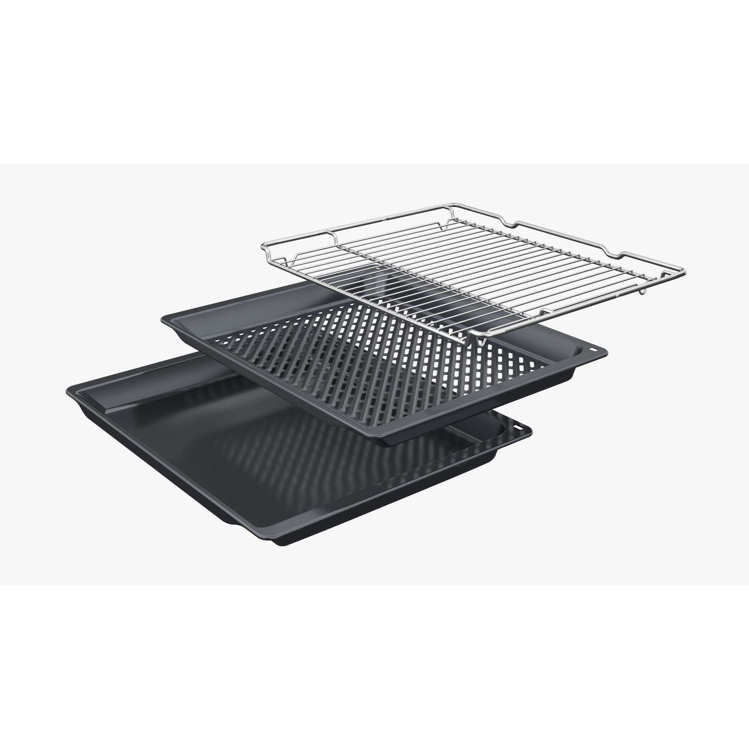 Oven trays and a wire rack are stacked on a white background.