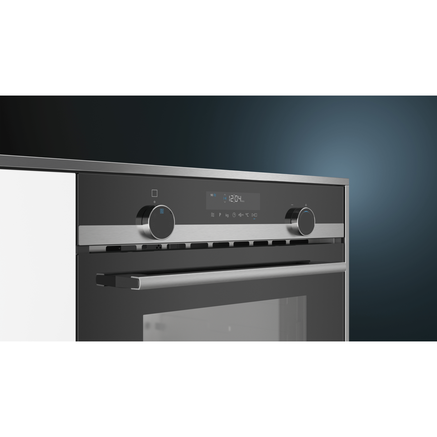 Oven control panel with buttons, a display, and metallic handle.
