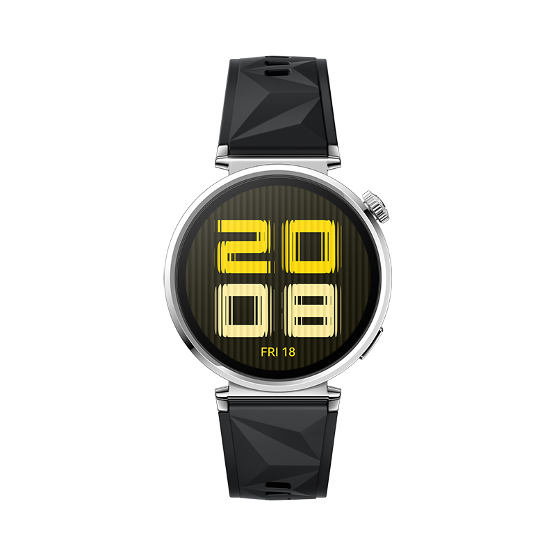 Srebrno-czarny smartwatch z okrągłą tarczą wyświetlającą godzinę.