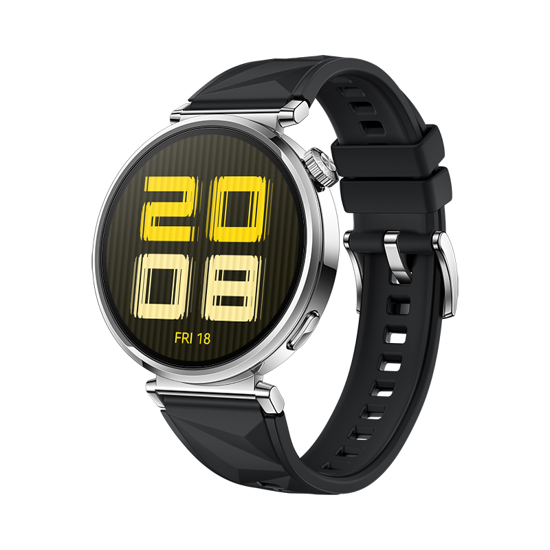 Srebrny smartwatch z czarnym paskiem. Tarcza wyświetla godzinę, piątek i datę 18.