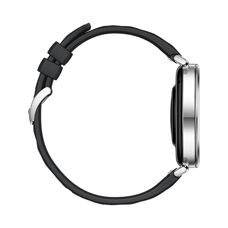 Smartwatch, widok z boku, czarny pasek, srebrna obudowa.