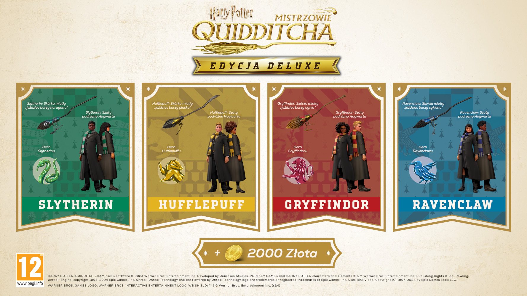 Okładka edycji deluxe gry Harry Potter Quidditch z postaciami drużyn i logo.