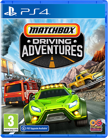 Pudełko z grą Matchbox Driving Adventures na PS4. Przedstawia kreskówkowe samochody na drodze z wozem strażackim.