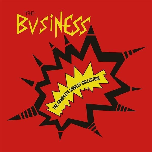 A 'The Business' album borítója, grafikus robbanással és szöveggel piros háttéren.