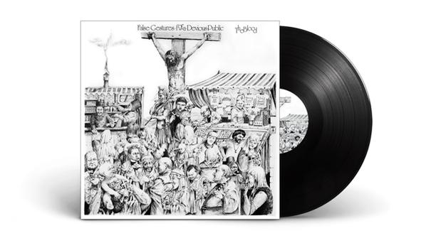 Egy lemez album borítója. Fekete-fehér illusztráció tömeggel és egy keresztre feszített figurával.