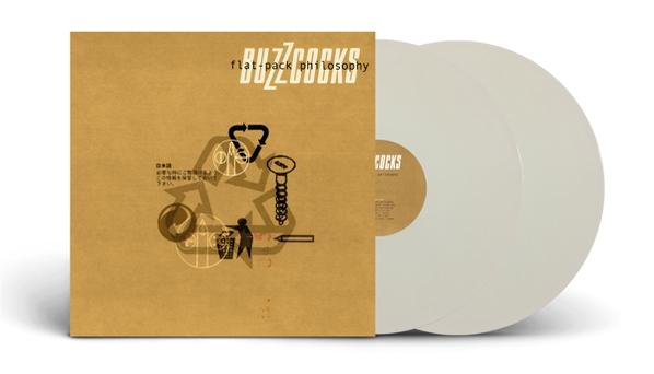 A 'Buzzcocks' album borítója újrahasznosítási szimbólummal és két fehér bakelit lemezzel.