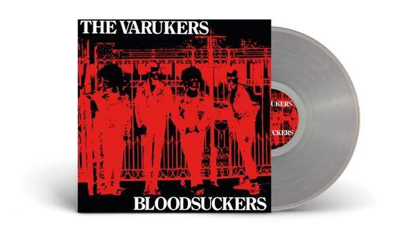 The Varukers Bloodsuckers vinil album. A borító piros és fekete, a zenekar fotójával.